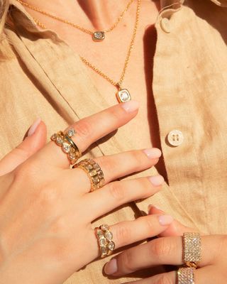 925 Sterling Silver 14K Gold Bezel Oval Eternity Ring for Women Engagement Occasion