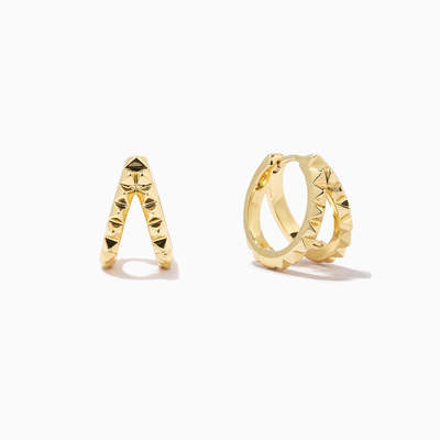 অনন্য 18K গোল্ড Plated পিরামিড 925 স্টার্লিং সিলভার ডাবল Huggies কানের দুল Chunky জলরোধী গয়না