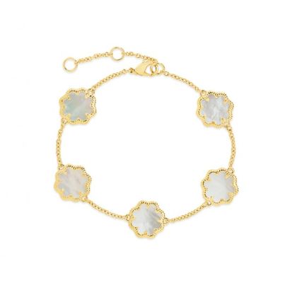 18K Gold Plated 925 Sterling Silver Flower Shaped Mother of Pearl Bracelet with 6.5" Length