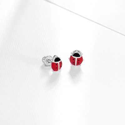925 Sterling Silver 8mm Pink and Black Enamel Ladybug Stud Earrings for Baby Girls with Screw Back