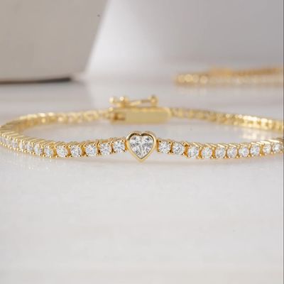 ৯২৫ স্টার্লিং সিলভার ১৪কে গোল্ড প্লেটেড হার্ট টেনিস ব্রেসলেট উইথ জিরকন